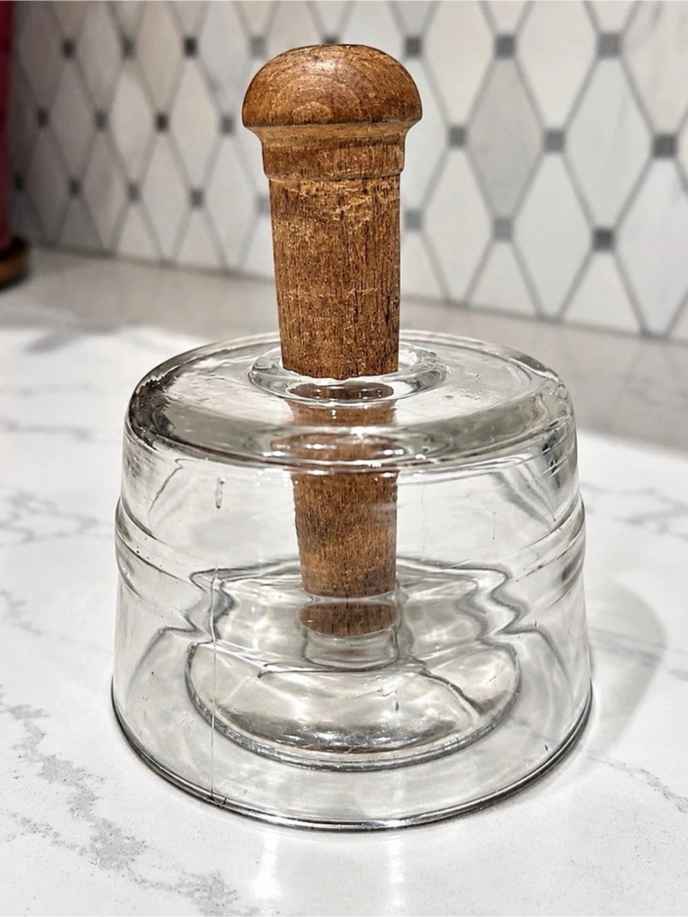 Antique Clear & Brown Glass Butter Mold with Wooden Handle